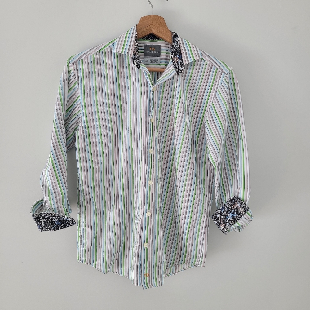 Thomas Dean  womens striped M Shirt  10-12 Button Front Long Sleeve Shirt Office